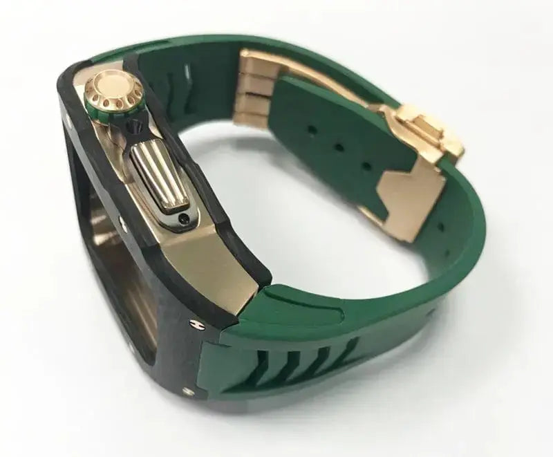 Rose Gold Apple Watch Strap Series 7 with green watch strap and rose gold body