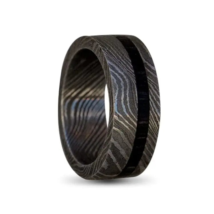 Damascus Steel Ring with Black Wood Inlay