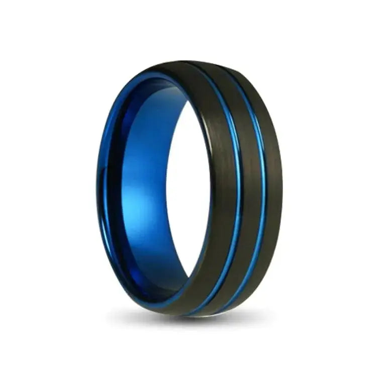 Black and Blue Two Grooved Tungsten Carbide Ring