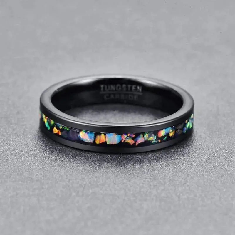 4mm Black Tungsten Wedding Ring with Crushed Rainbow Coloured Opal Inlay