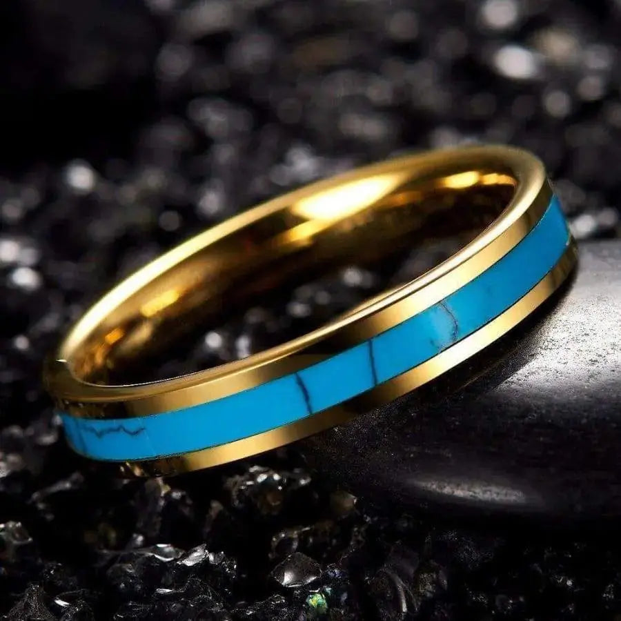 4mm Gold Tungsten Wedding Ring Turquoise Stone Centre Inlay