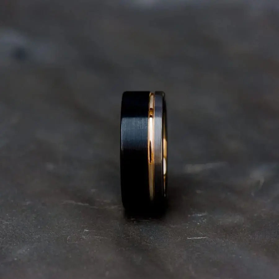 Black Tungsten Carbide Ring with Silver edge and Rose Gold Inlay