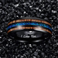 Thumbnail for 8mm Black Tungsten Wedding Ring with Wood and Blue Fire Opal Inlay