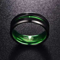 Thumbnail for 8mm Brushed Black Tungsten Wedding Ring Polished Green Centre Groove and Inner